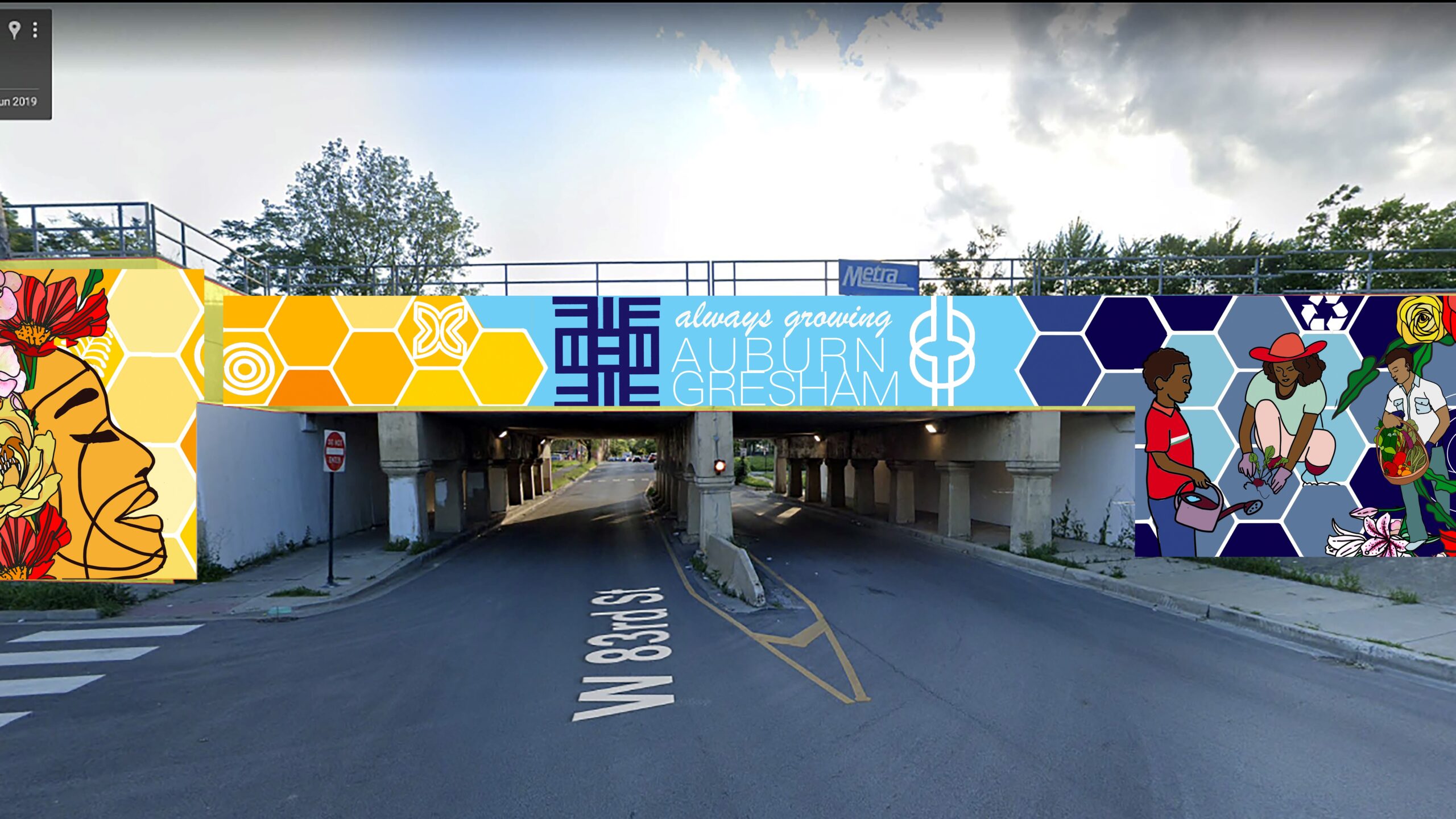 A rendering of a colorful mosaic on a viaduct.