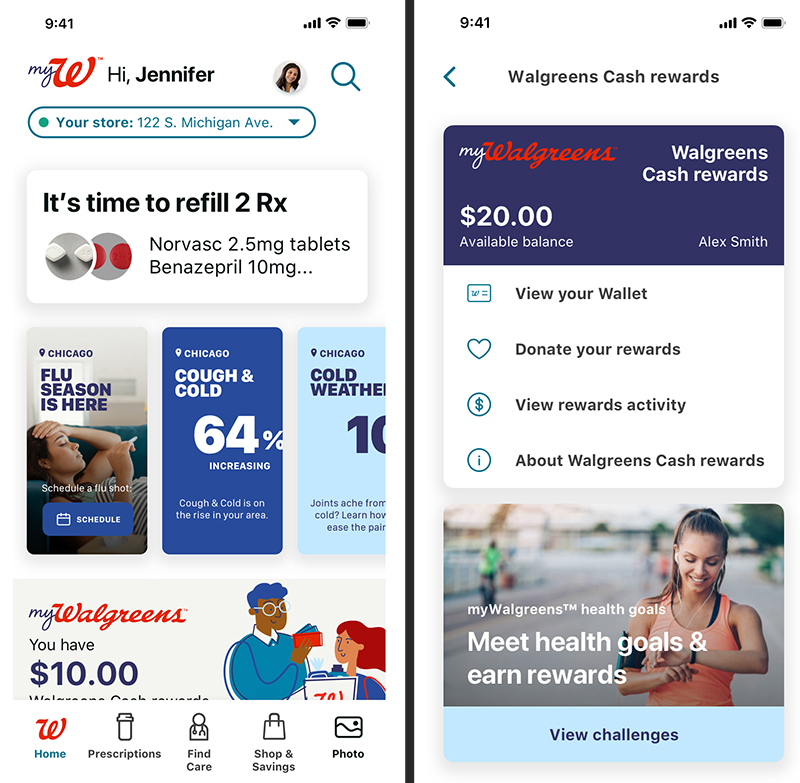 Homescreen and Walgreens Cash rewards balance