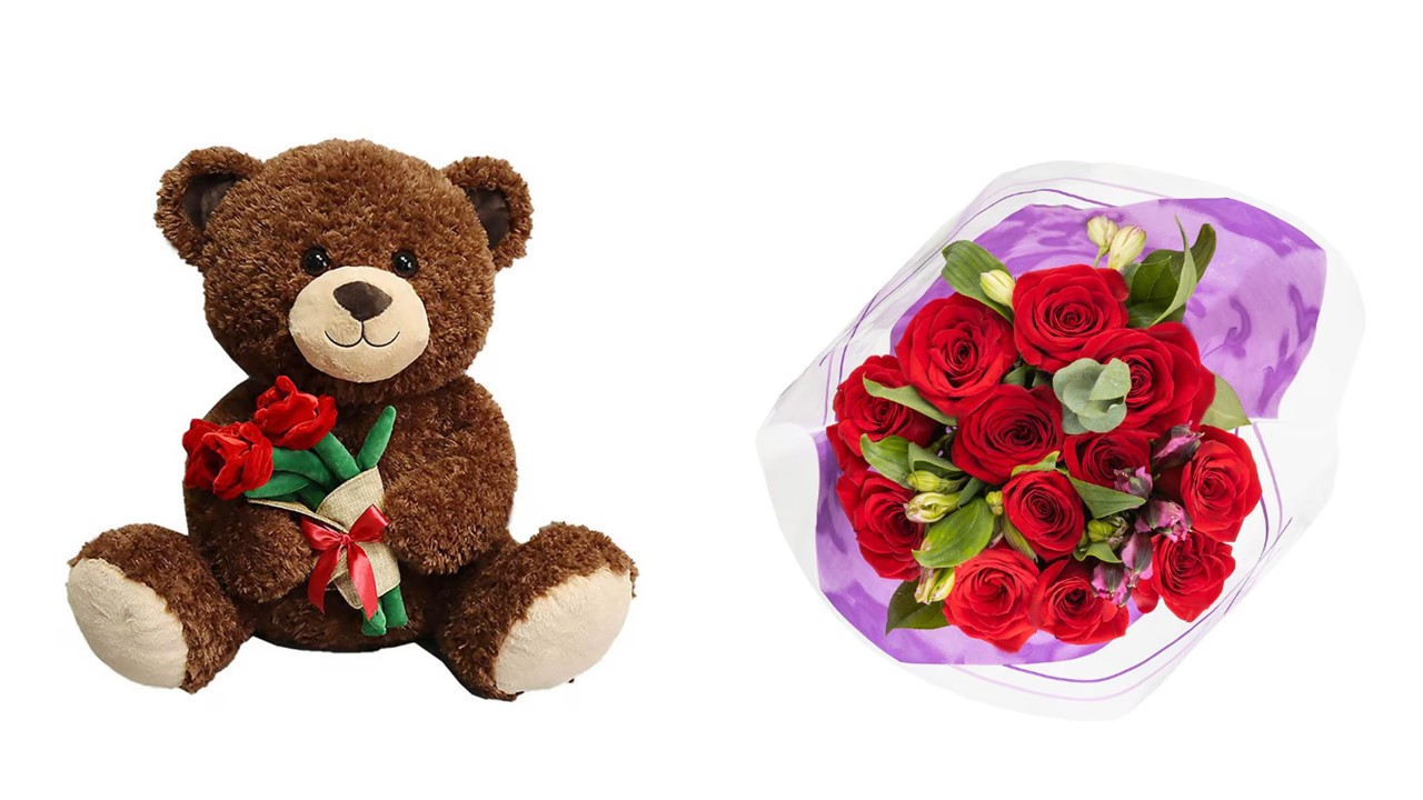Teddy bear stuffed animal and flower bouquet 